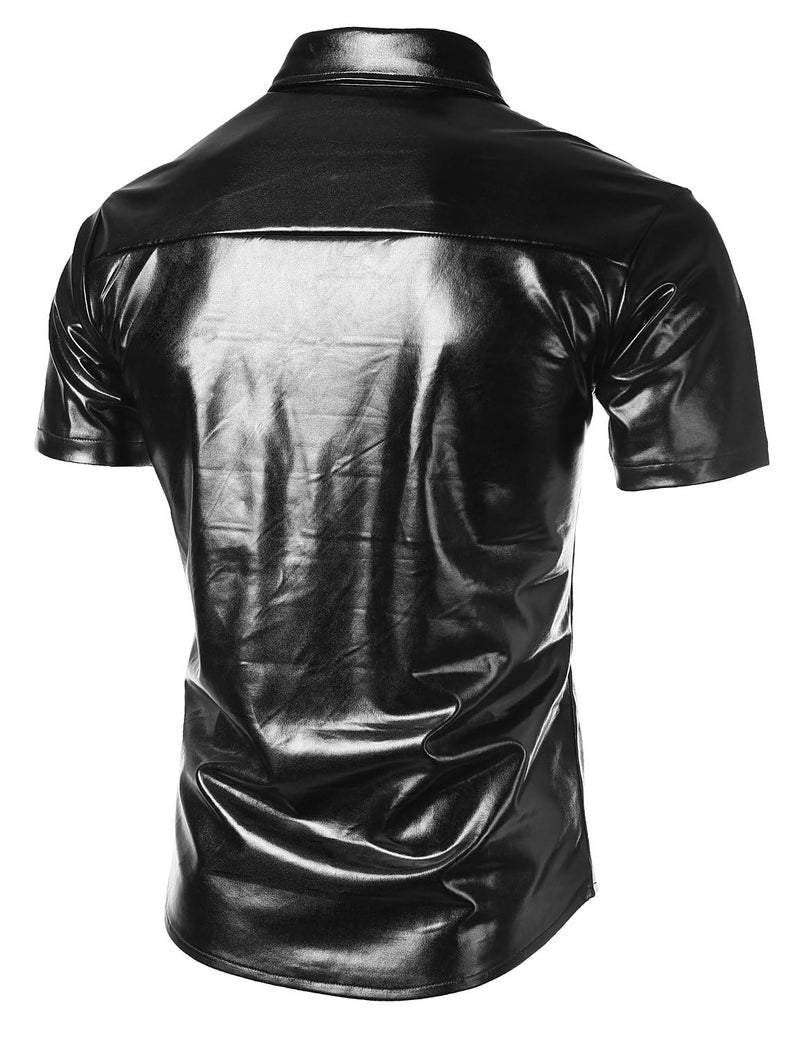 JOGAL Men's 70s Disco Shiny Metallic Gold Silver Short Sleeve Button Down Shirts Medium Black - Image 2